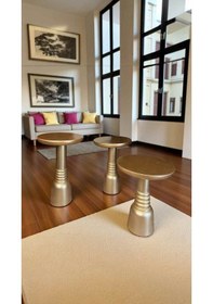 Resim Altın Varak Renkli 3 Lü Ahşap Mantar Sehpa Seti Doğal Yan Sehpa Takımı Altın 