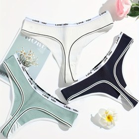 Resim 3'lü Paket Yeni Gelen Avrupa & Amerikan Tarzı Kadın Tanga Külotları, Nefes Alabilen Seksi Çift Katmanlı Üçgen İç Çamaşırı Sonbahar ve Kış için 