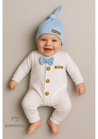 Resim Babyden's Mini Boss Erkek Bebek Tulum Ve Şapka Seti Yenidoğan Papyonlu Bebek Tulumu %100 Pamuk Mavi 