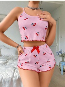 Resim Kadın Pembe Kiraz Desenli Askılı Şortlu Pijama Takım 5044 Pembe 