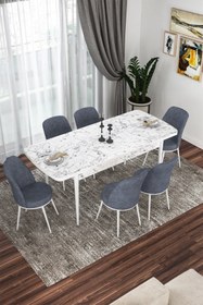 Resim Canisa Kor Serisi, Beyaz Mermer Desen 70x114 Açılabilir Yemek Masa Takımı,6 Füme Sandalye 