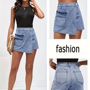 Resim Kadınlar İçin Yüksek Bel Esnek Denim Şort - Cepli Seksi Günlük Etek-Pantolon Karışımı, Orta Esneklikte Makinede Yıkanabilir Düz Renk, İlkbahar/Yaz Kıyafetleri, Moda Trend, Rahat Kesim, Dayanıklı Malzeme, Yazlık Gardırop 