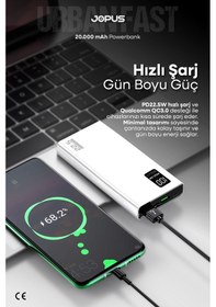 Resim Jopus 20000mah Powerbank Pd 22.5w Hızlı Şarj - Dijital Ekranlı - Taşınabilir Şarj Cihazı Beyaz 