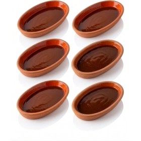 Resim Edenza Oval Sırlı Toprak Güveç Tabağı | Fırına Dayanıklı Doğal Toprak Sunum Tabağı (25 x 13 Cm) 6 Lı Set 