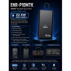 Resim Enerx ENR-P10MTK Powerbank 10000 Mah 22.5W Hızlı Şarj, Dahili Type-C Kablolu Yeni Nesil Metal Kasa Taşınabilir Şarj Cihazı 