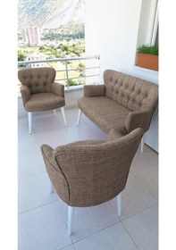 Resim Azra Mobilya Çay Seti Koltuk Takımı - Keten Kumaş - Beyaz Ahşap Ayak - Gürgen Iskelet - Kahverengi Kahverengi 