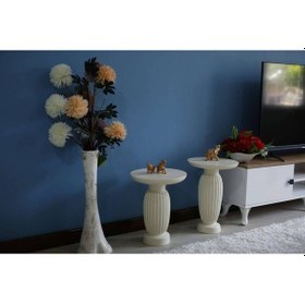 Resim 2'li Çizgili Beyaz Vazo Yan Sehpa Beyaz 