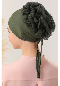 Resim Melodi Scarf Tesettür Fırfırlı Bone Haki Haki 