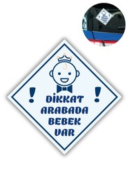 Resim HAPPY NESSO "DİKKAT ARABADA BEBEK VAR" - PAPYONLU, MAVİ Sticker - 10x10 Cm Cam Için Uyarı Etiketi Tekli 