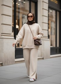 Resim Aselim Hijap Moda 3 İplik Şardonlu Bomber İkili TesettürTakım | Pamuklu Rahat Takım Bej 