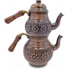 Resim Çaydanlık Bakır Büyük Boy Eskitme Papatya Model Kahverengi 