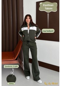 Resim Kadın Eşofman Takımı Hırkalı Fermuarlı Mevsimlik 3 İplik Kışlık Alt-üst Takım Haki 