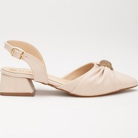 Resim Saten Karnı Yarık Model Fiyonk Taşlı Bej Kadın Topuklu Abiye Ayakkabı-2277-Bej 