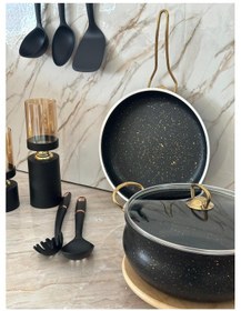 Resim 3 Parça 24 Cm Siyah Güveç Tencere Seti Gold Kulp Siyah 