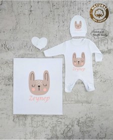 Resim yzc home size dair... Bt K50 Isimli Kız Bebek Battaniye Tulum Şapka Eldiven Set Hastane Çıkışı %100 Pamuk 