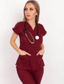Resim Unisex Bordo Likralı Doktor Hemşire Cerrahi Scrubs Tek Üst Forma, XS 