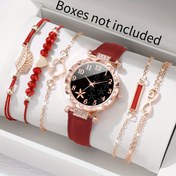 Resim 6 parçalık Kadın Modası Taç Yaprağı Kadranlı Kuvars Bilek Saati, PU Deri Kayış, Alaşımlı Kasa, Yuvarlak Şarj Edilemeyen Düğme Pil ile Çalışır, Eşleşen Bileklik Seti ile 