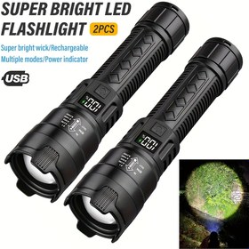 Resim 2 Adet Süper Parlak El Feneri, USB Şarj Edilebilir, Uzaktan Yakınlaştırma, Geniş Işın, Balıkçılık, Keşif ve İş Aydınlatması için Taşınabilir Acil Durum Aydınlatma Feneri 