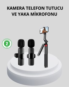 Resim Diğer Kablosuz Çift Yaka Mikrofonu Ve Tripodlu Selfie Çubuğu İçerik Üretici Seti 