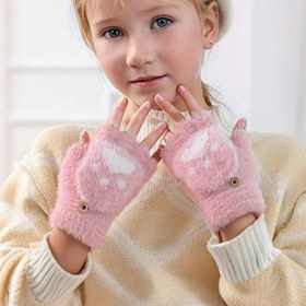 Resim 1 Çift Kız Çocuk Kışlık Sıcak Peluş Polar Astarlı Yarım Parmak Eldiven - Sevimli Tavşan & Kalp Desenli, Kalın Kapaklı Tasarım, Yumuşak Pembe ve Rahat Yazma, Günlük Kullanım & Dış Mekan Oyunları İçin (6-14 Yaş), Kadınlar için Kışlık Eldiven, Erkekler için Kışlık Eldiven 