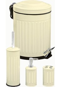 Resim Foreca Vintage 4 Lü Çöp Kovası Banyo Seti Çizgili Krem 