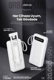 Resim Jopus 20000mAh PowerBank Dahili Kablolu, LCD Ekranlı, LED Lambalı, Taşınabilir Şarj Cihazı - Beyaz JP-P11A 