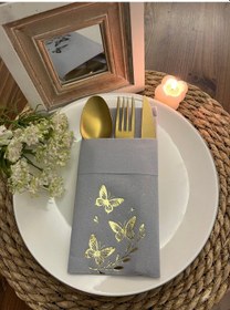 Resim Gold Yaldızlı Gri Kelebek Yaprak Detaylı Cepli Kanguru Peçete 12 Adet 