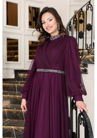 Resim Raika Moda Senna Taş Detaylı Büyük Beden Şık Tesettür Abiye Mürdüm 