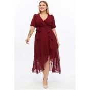 Resim Kadın Kruvaze Yaka Kuşaklı Volan Detaylı Büyük Beden Şifon Elbise 4495/130 Bordo 