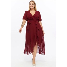 Resim Kadın Kruvaze Yaka Kuşaklı Volan Detaylı Büyük Beden Şifon Elbise 4495/130 Bordo 