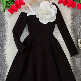 Resim Kızlar için A Kesim Kısa Kollu ve Beyaz Çiçekli Bel Fiyonklu Üniforma Elbise - Kısa (Yırtmaçsız) - Düğünler, Partiler için Makinede Yıkanabilir Siyah Elbise - Geri Dönüş Kıyafetleri 