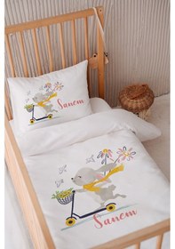 Resim %100 Pamuk Saten Isme Özel Isimli 100x150 Bebek Yatak Nevresim Seti Sarı Atkılı Sevimli Tavşan 