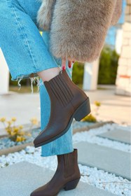 Resim POLKA STORE Nash Elastik Yan Bantlı Lastik Detaylı Western Kadın Kovboy Bot Bootie Çizme Acı Kahverengi Cilt 