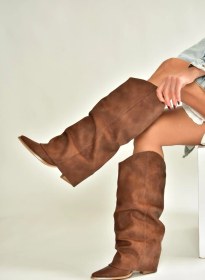 Resim V846846001 Kahverengi Süet Kalın Topuklu Körüklü Kadın Çizme Kahverengi-nubuk 