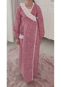 Resim Kız Çocuk Pembe Ve Mavi Renkli Çiçekli Namaz Elbisesi Yüzde Yüz Pamuklu Poplin Kumaş 3-14 Yaş Pembe 