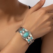 Resim Benzersiz Cuff Bangle Bileklik Demir Takı Sahte Turkuaz İşlemeli Vintage Bohem Tarzı Kişilik Kadın El Takıları 