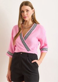 Resim Olalook Kadın Pembe Güpür Şeritli Altı Bağlamalı Müslin Kimono KMN-00000069 