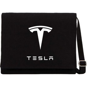 Resim Tesla Logo Text Siyah Kanvas Postacı Çantası - Siyah 