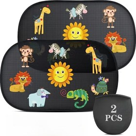 Resim 2'li Paket Karikatür Hayvanlar Araba Güneşlikler %98 UV Koruma, 50.8x30.48 cm Katlanabilir Güneşlikler Depolama Çantası ile, Eğlenceli Zürafa Zebra Maymun Tasarımlarında Araç Pencereleri için, Meraklı Hayvan Desenleri 