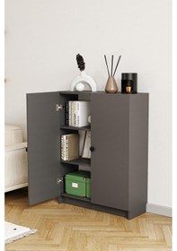 Resim Bili Yatay Kitaplık 3 Raflı 2 Kapaklı Çok Amaçlı Ofis Salon Çalışma Odası Kütüphane Rafı Antrasit Antrasit 