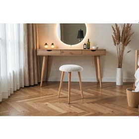 Resim Modern Ahşap Ayaklı Teddy Kumaş Tabure Makyaj Masası & Ayak Dinlendirme Elegant Bej Bej 