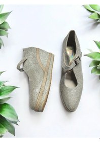 Resim Dolgu Topuk Hasır Tokalı Balerin Espadril Altın 