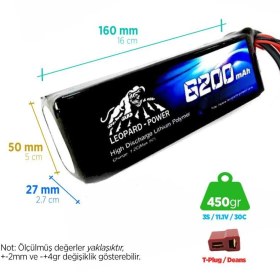 Resim Leopard Power 6200 Mah 11.1v 3s 30c Lityum Polimer Lipo Batarya Pil T Plug 