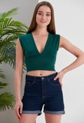 Resim alenmoda Kadın Zümrüt Yeşili V Yaka Kolsuz Crop Bluz 