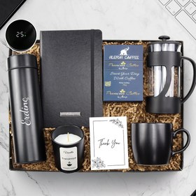 Resim Kişiye Özel 500 ML Siyah Renk Dereceli Termos & Siyah Defter & Siyah French Press & Siyah Mat Kupa & Alerya Premium Filtre Kahve & Vanilya Kokulu Trendmiya Bardak Mum Hediye Seti 