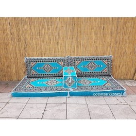 Resim Şark Köşesi Minderi Saraylı Desenli İkili Sedir Takımı Süngerli Turkuaz 