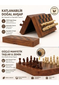 Resim Lüks Doğal Ahşap Manyetik Satranç Takımı 30x30 Cm Katlanabilir Özel Yuvalı Premium Satranç Seti 