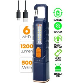 Resim Şarjlı El Feneri 6 Mod Karabina Askılı Çakarlı Cob Led Kamp Lambası Acil Durum Işığı Mavi 7170 Mavi 