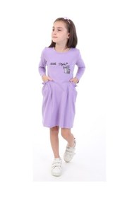 Resim Toontoy Kids Kız Çocuk Baskılı Relax Fit Bisiklet Yaka Uzun Kollu Cepli Elbise - Lila 