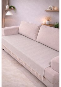 Resim Pamuklu Koltuk Örtüsü 115x200 Cm Çekyat Ve Kanepeler İçin Koruyucu Önden Saçaklı Dekoratif Kaymaz Açık Gri 